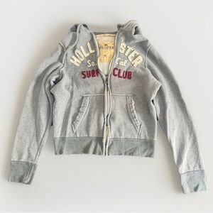 Hollister Mens Sweatshirt Y2K/Vintage Distressed Surf Grey Zip-up Hoodie XL
